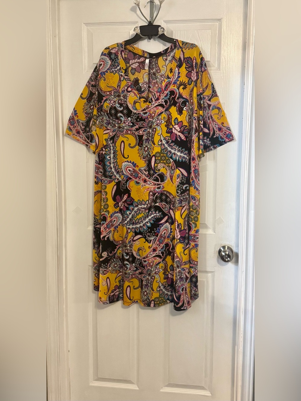 Bright Yellow Paisley Midi Dress with Pink & Black Accents